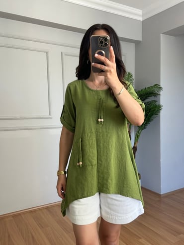 CDBR4558Rella Yeşil Boncuk Detaylı Keten Bluz