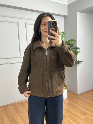 CDBR4705Rena Kahve Nubuk Detaylı Kuzu Ceket