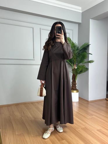 CDBR4200Rinda Acı Kahve İnce Kot Kuşaklı Elbise 