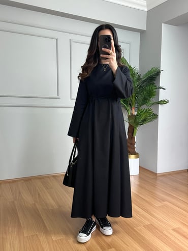 CDBR4202Rinda Siyah İnce Kot Kuşaklı Elbise 
