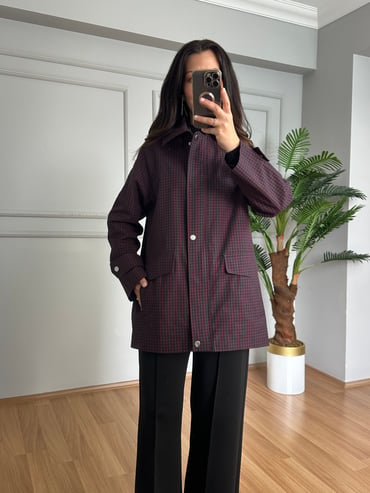 CDBR4687Rost Bordo Siyah  Ekose Premium Ceket