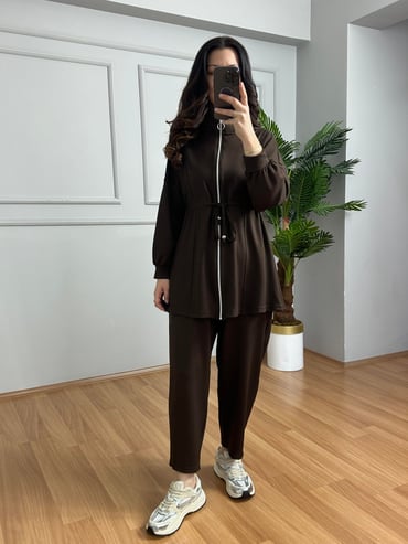 CDBR4213Rova Kahve Modal Bel Bağlama Deralı Şalvarlı Takım