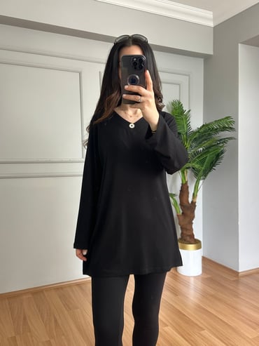 CDBR4302Sera Siyah Likralı V Yaka Basic Bluz