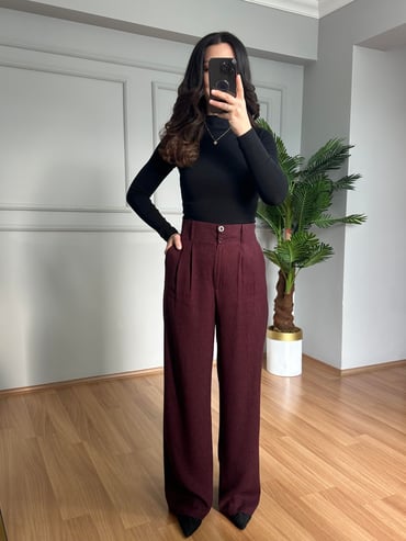 CDBR4210Sidya Bordo Beli Lastikli Pamuk Keten Palazzo Pantolon