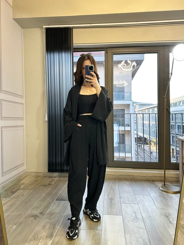 CDBR34521Siyah Gofre Kimono Şalvar Takım