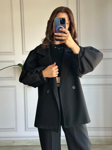 CDBR3330Siyah Kaşe Oversize Balon Kol Kaban