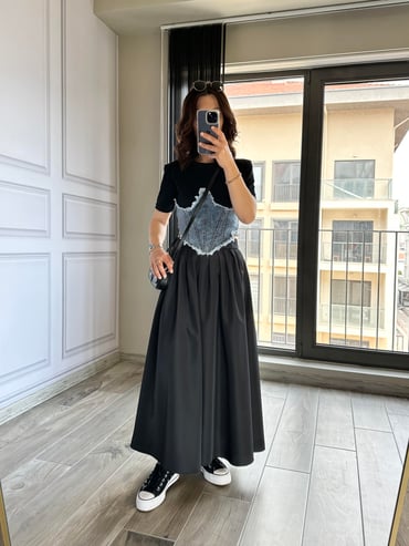 CDBR34534Siyah Maxi Boy Paraşüt Etek