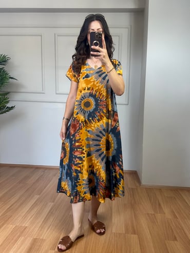 CDBR3937Sonya Sarı Desenli V Yaka Pamuk Viskon Elbise