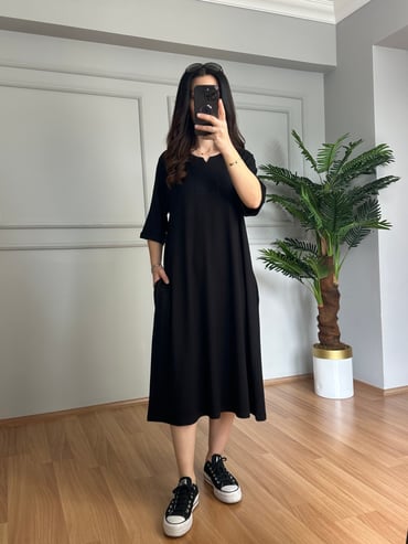 CDBR4246Sude Siyah Yaka Detaylı Basic Elbise