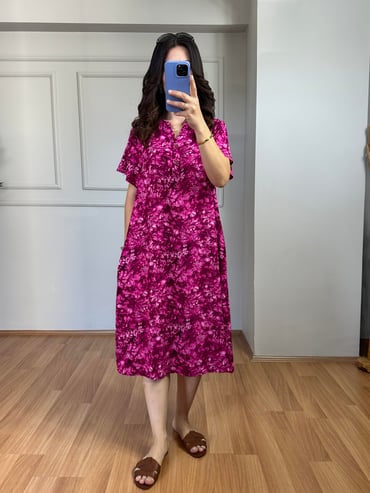 CDBR3909Sümbül Pembe Dik Yaka Pamuk Viskon Elbise