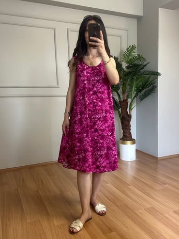 CDBR4452Suna Pembe Çıtır Desen Kolsuz Viskon Elbise