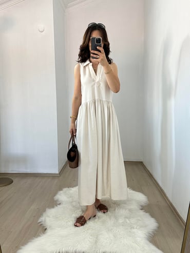 CDBR3604Taş Polo Yaka Pamuk Saten Cepli Elbise
