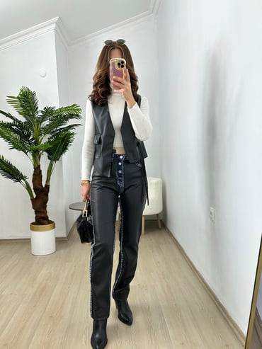 CDBR3743Tasarım Deri Jean Detaylı Yelek Pantolon Takım