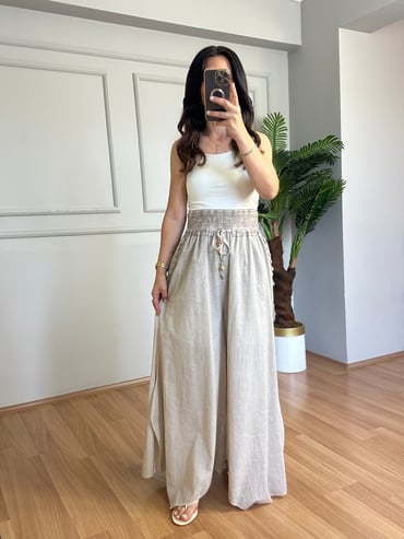CDBR4547Tasha Taş Yıkamalı Astarlı Keten Pantolon