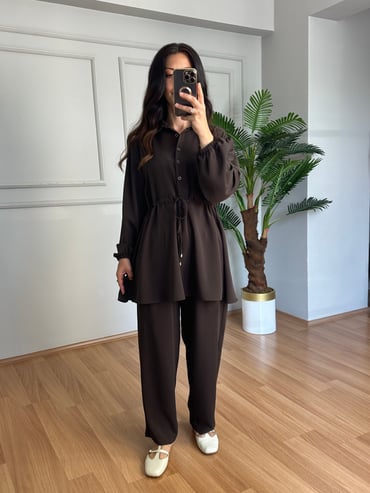 CDBR4597Tiana Kahve Beli Büzgülü Gömlek Pantolon Takım 