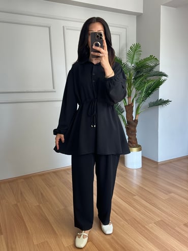 CDBR4599Tiana Siyah Beli Büzgülü Gömlek Pantolon Takım 