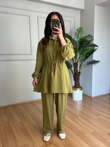 CDBR4598Tiana Yeşil Beli Büzgülü Gömlek Pantolon Takım 
