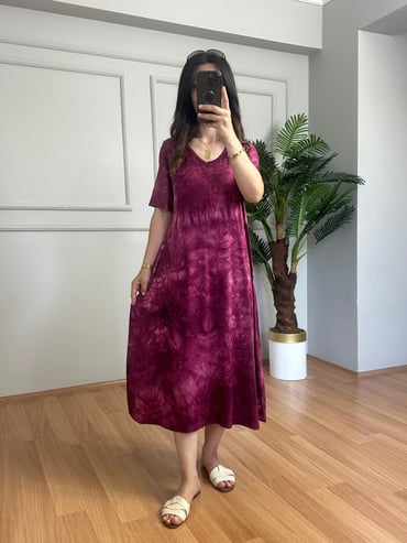 CDBR4458Truva Fuşya Batik Desen Likralı Viskon Elbise