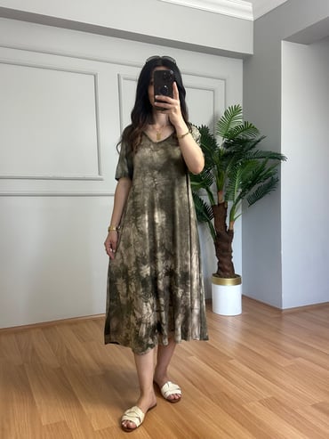 CDBR4459Truva Haki Batik Desen Likralı Viskon Elbise 