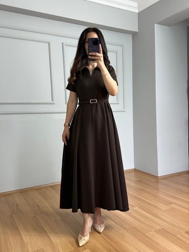 CDBR4492Valeria Kahve Premium Kalite Kemerli Elbise