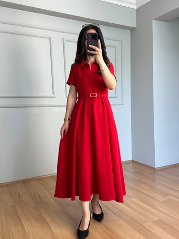 CDBR4497Valeria Kırmızı Premium Kalite Kemerli Elbise