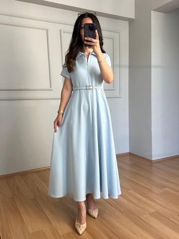 CDBR4495Valeria Mavi Premium Kalite Kemerli Elbise 