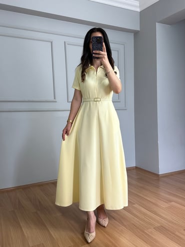 CDBR4494Valeria Sarı Premium Kalite Kemerli Elbise