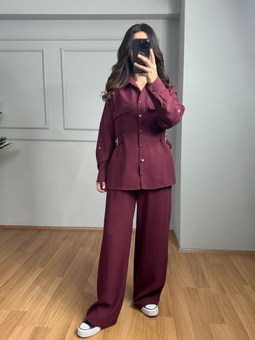 CDBR4045Velora Bordo Gold Detay Tensel Gabardin Gömlek Pantolon Takım