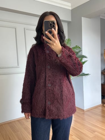 CDBR4665Wenna Bordo Dik Yaka Düğmeli Kaban