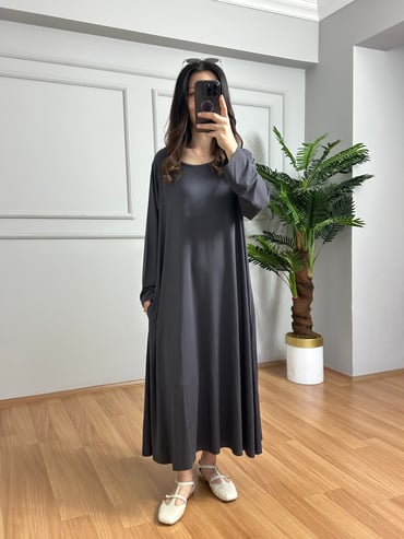 CDBR4241Yasmin Antrasit Likralı Basic Elbise 