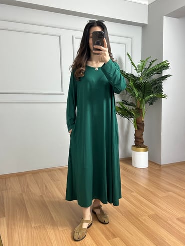 CDBR4244Yasmin Zümrüt Yeşili Likralı Basic Elbise 