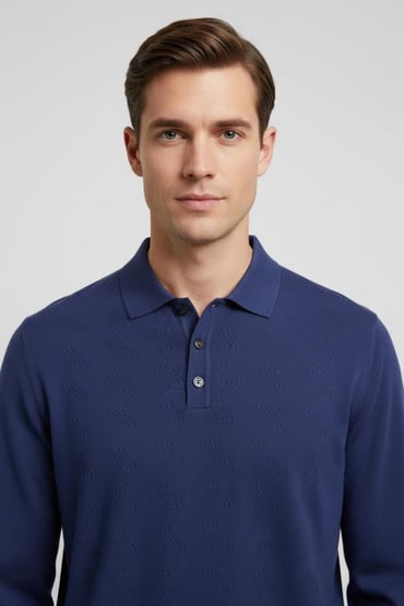 Erkek Lacivert Polo Yaka Çıtçıtlı Pamuklu Dokulu Triko