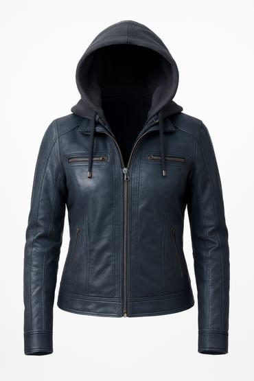 Kadın Lacivert Çıkarılabilir Kapüşonlu Spor Hakiki Deri Ceket