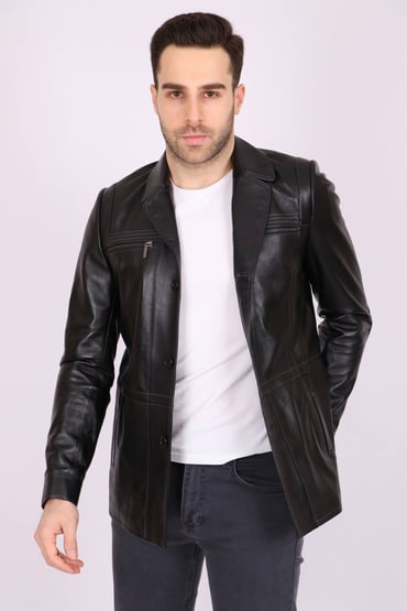 DERİ MONTErkek Siyah Hakiki Deri Yakalı Düğmeli Klasik Casual MontACLASSICS