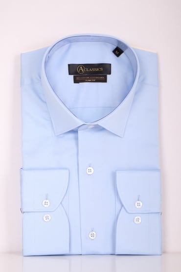 GÖMLEKErkek Mavi Slim Fit Saten Pamuk Cepsiz GömlekACLASSICS