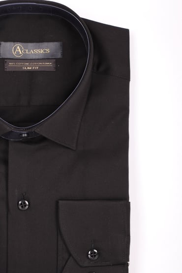 GÖMLEKErkek Siyah Slim Fit Saten Pamuk Cepsiz GömlekACLASSICS