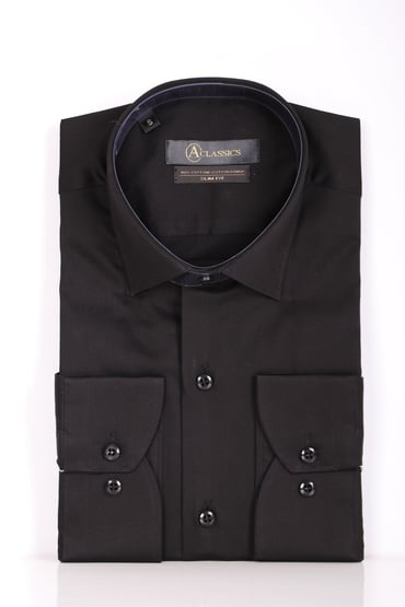 GÖMLEKErkek Siyah Slim Fit Saten Pamuk Cepsiz GömlekACLASSICS