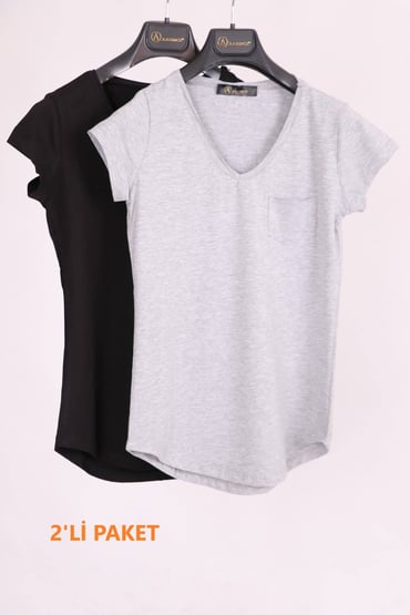 T-ShirtGri Siyah V Yaka Cep Detaylı Yarım Kollu Slim Fit Pamuk 2'li Paket T-ShirtACLASSICS