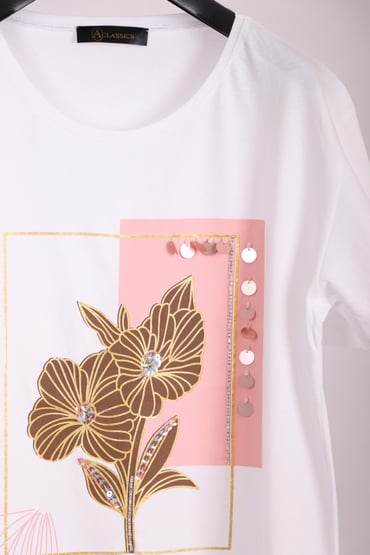 T-ShirtKadın Beyaz Bisiklet Yaka Çiçek Desenli Payetli Yarım Kollu Pamuk T-shirtACLASSICS