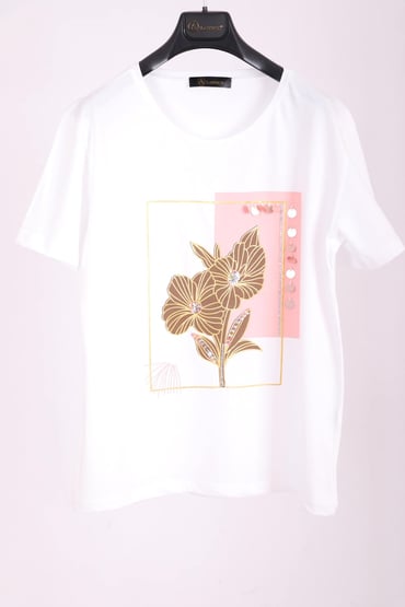 T-ShirtKadın Beyaz Bisiklet Yaka Çiçek Desenli Payetli Yarım Kollu Pamuk T-shirtACLASSICS