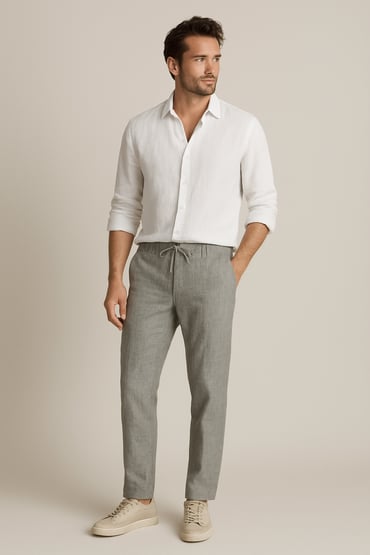 Erkek Gri Beli Lastikli ve Bağcıklı Keten Spor Jogger Pantolon