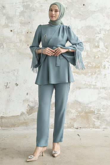 Tassel Sleeve Stone Detailed Crepe Mint Suit