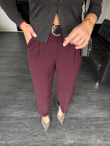 Siyah Deri Kemerli , Bordo , Havuç Pantolon