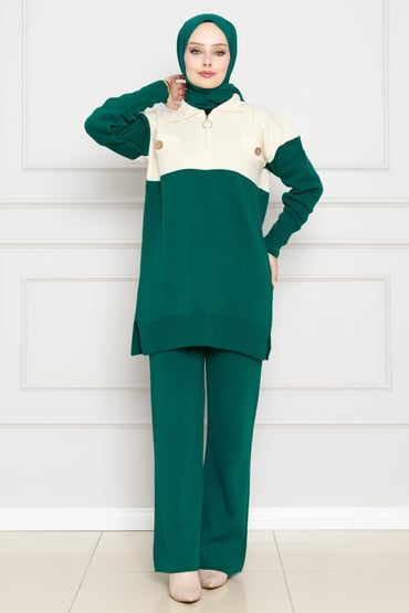 Detailed Knitwear Suit-Emerald Green color