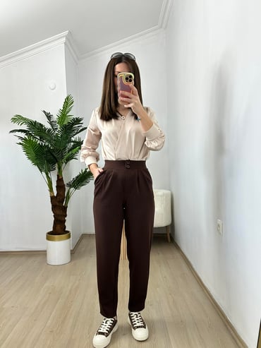 CDBR3820Emily Kahve Krep Kumaş Havuç Kesim Pantolon