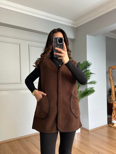 CDBR4114Ferna Acı Kahve Biyeli Fermuarlı Premium Yelek