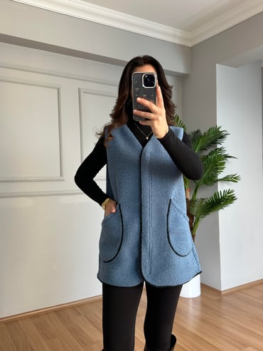 CDBR4110Ferna Mavi Biyeli Fermuarlı Premium Yelek