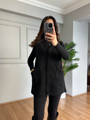 CDBR4112Ferna Siyah Biyeli Fermuarlı Premium Yelek