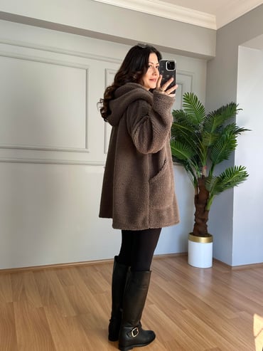 CDBR4097İrana Kahve Tedy Tek Düğmeli Ceket