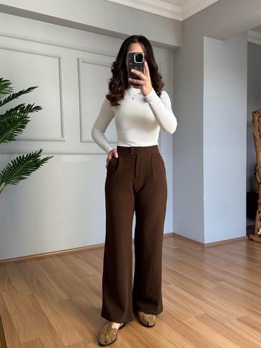 CDBR4087Kendy Acı Kahve Likralı Bel Çift Düğmeli Palazzo Pantolon